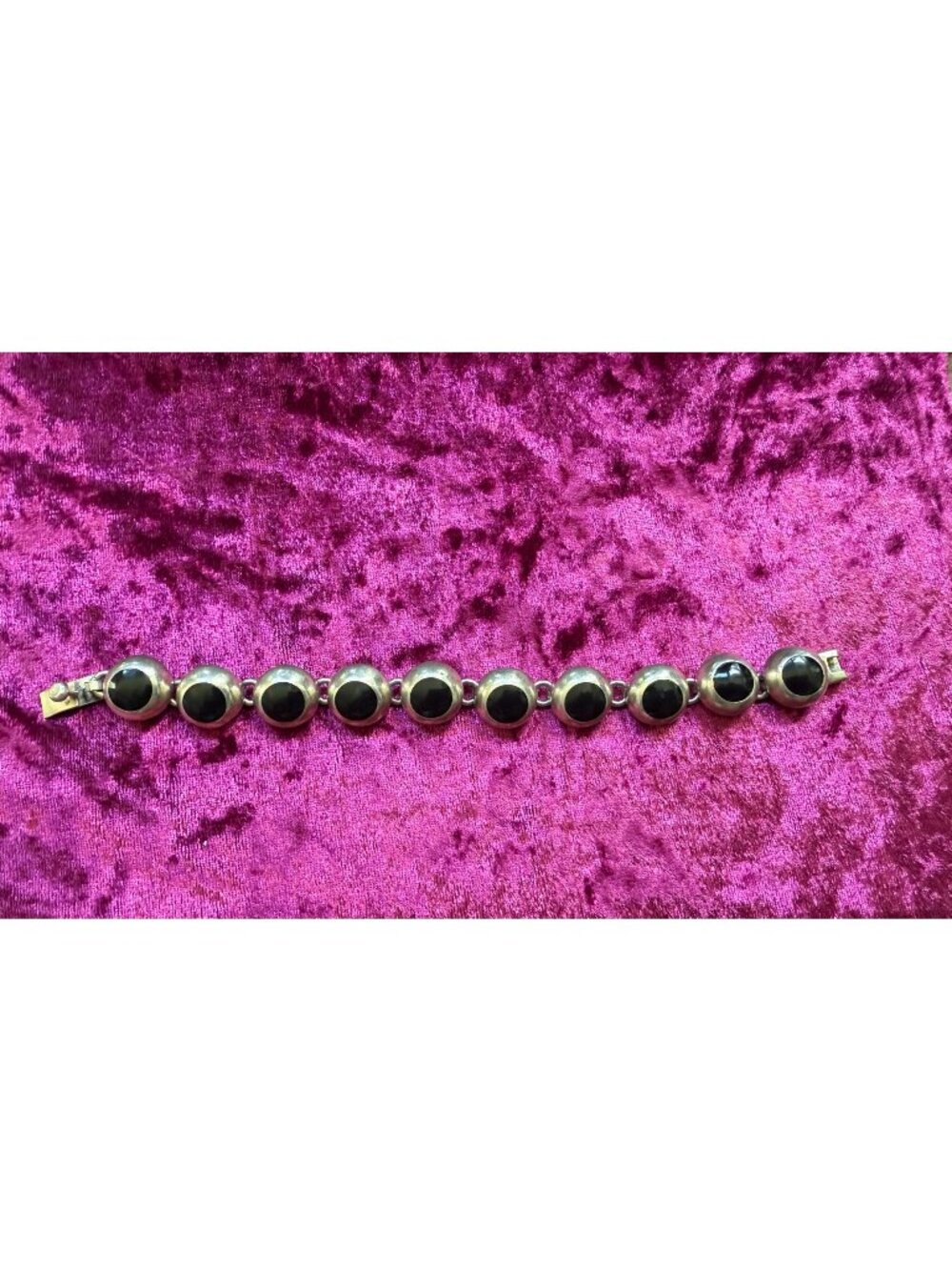 Sterling Silver & Onyx Bracelet 7" Vintage Circular Links Mexico